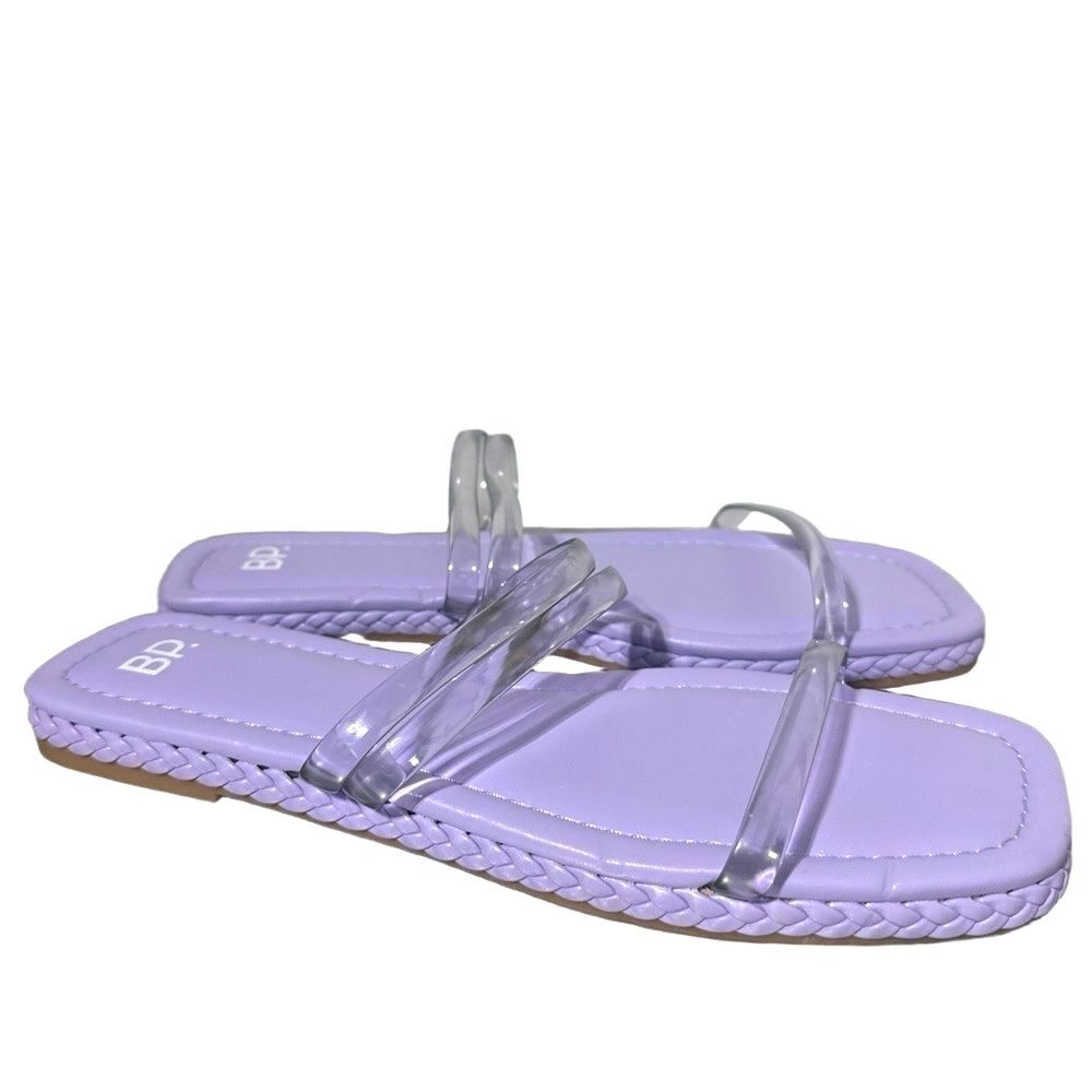 BP Slide Flat Sandals 8.5 Minimalist Vacation Clear Straps Beach Purple Viola